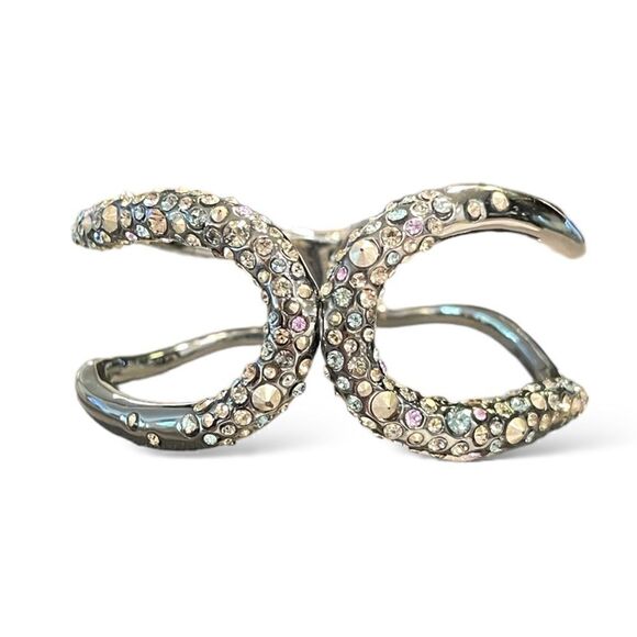 ALEXIS BITTAR Crystal Encrusted Rhodium Tone Metal Hinge Cuff - Picture 1 of 10